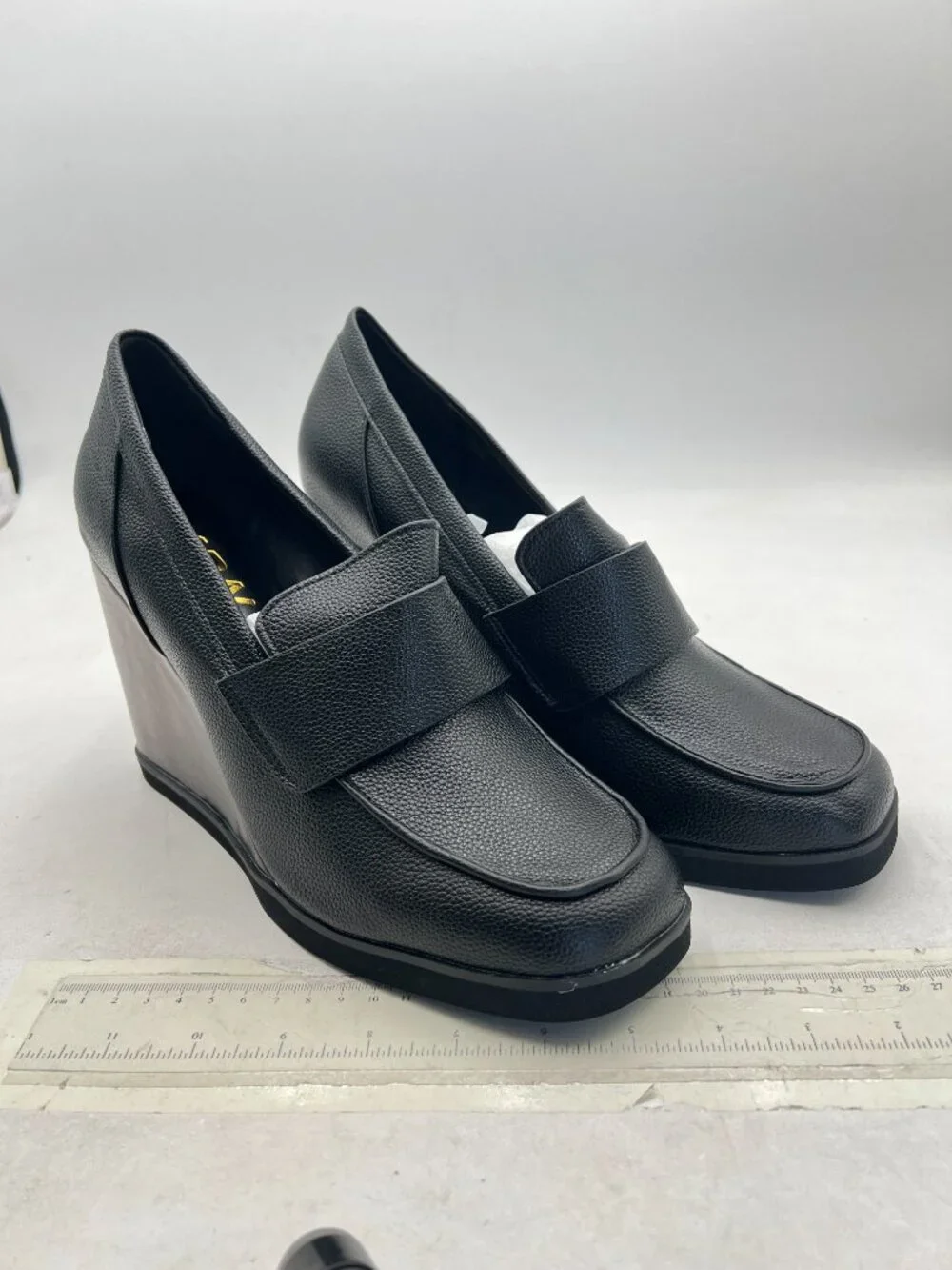 YDN Black Dressy Pump Square Closed Toe Slip On Loafers Wedges High Heeled Shoes